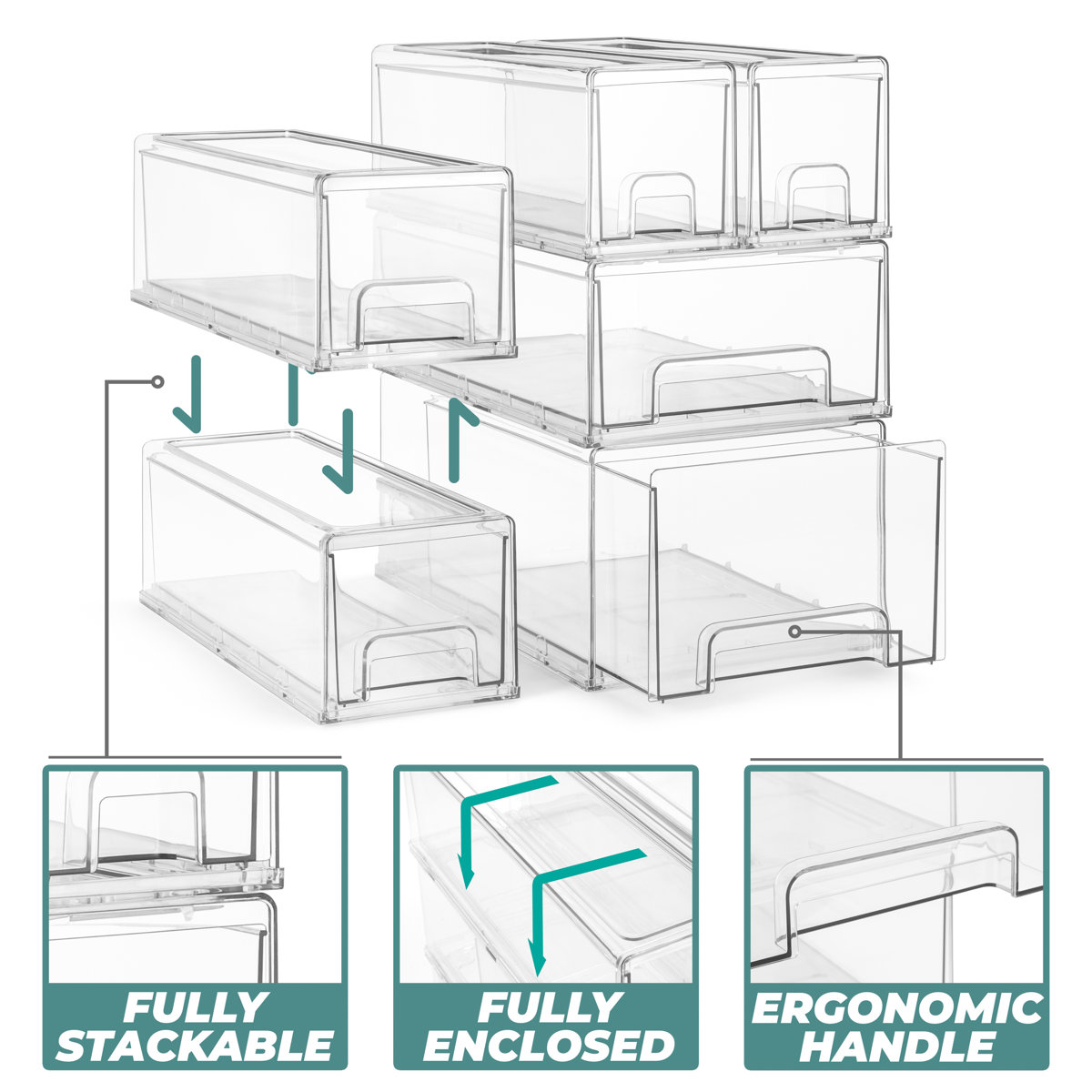 Sorbus Large Pull Out Organizer Bins, Clear Stackable Storage Drawers for Cleaning Supplies (2 Pack) - 13.25"L x 8"W x 4.5"H